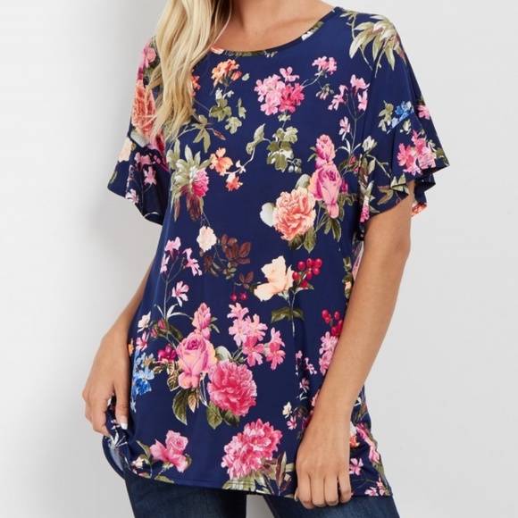 Pinkblush Navy Floral Ruffle Sleeve Top L - Picture 2 of 3